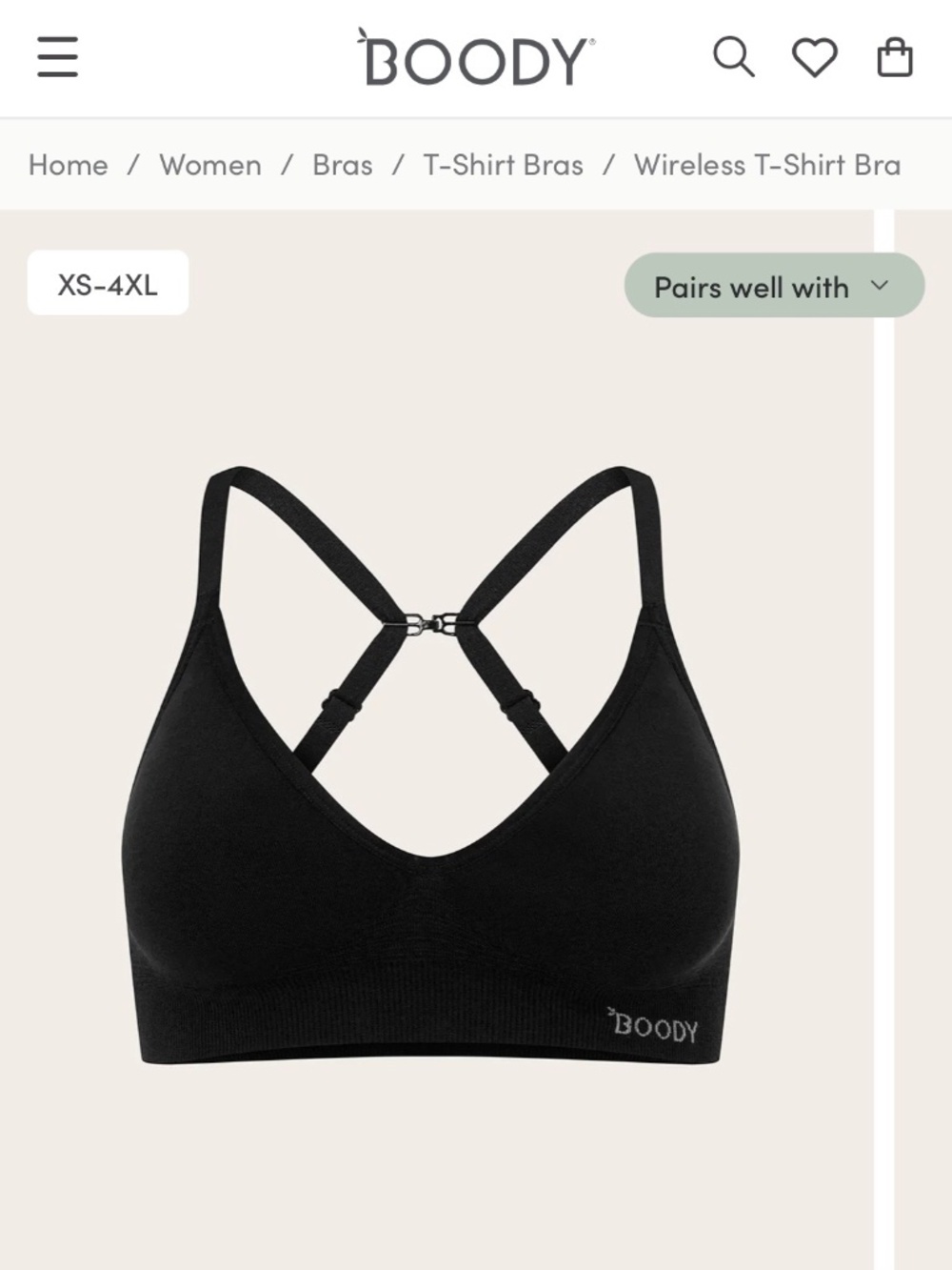 Boody Wireless T-Shirt Bra Black Size Medium